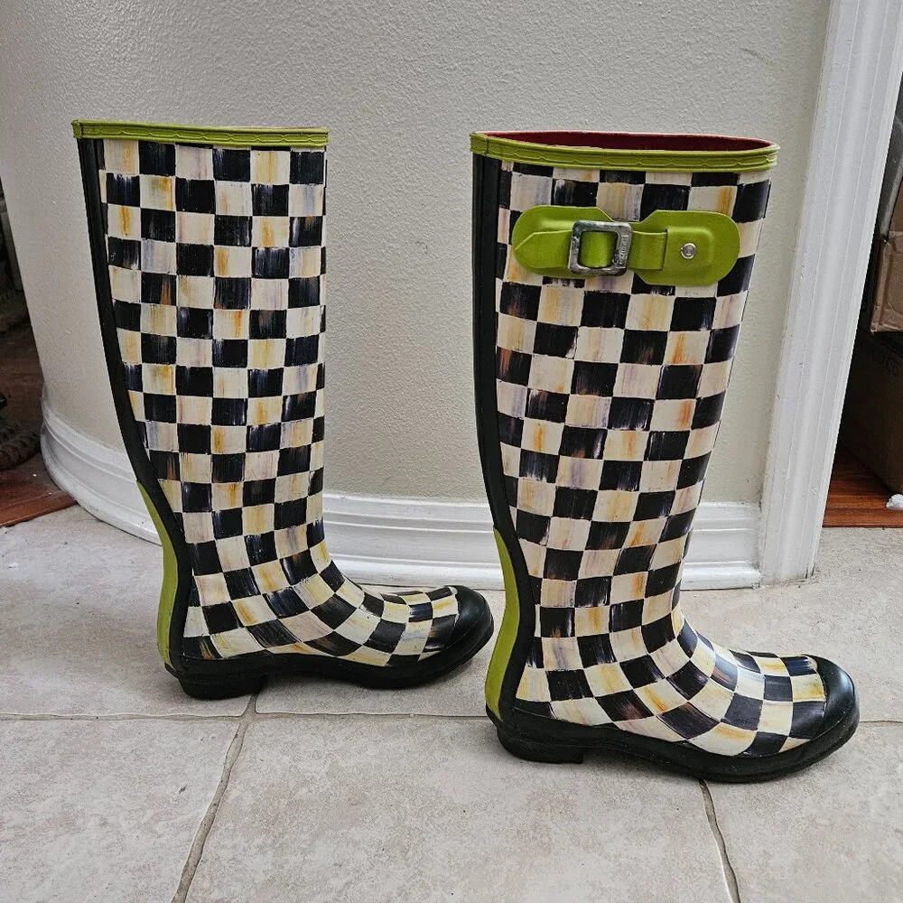VERY RARE MACKENZIE CHILDS HUNTER COURTLY CHECK GREEN TALL RAIN BOOTS WELLIES 8